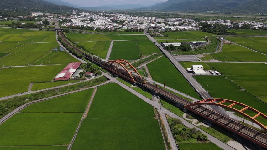 Aerial shot of Kecheng Iron Bridge , the bridge is located in Yuli Township, Hualien County, Taiwan.