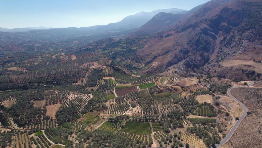 Aerial view. Beautiful landscape of the mountainous part of Crete with olive groves.
