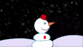 cartoon snowman character over snowy landscape and black background