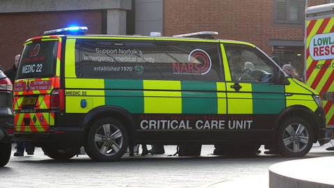 Norwich, Norfolk, United Kingdom. NARS Norfolk Accident Rescue Service Critical Care Unit response vehicle. Blue lights flashing stopped in Norwich street.