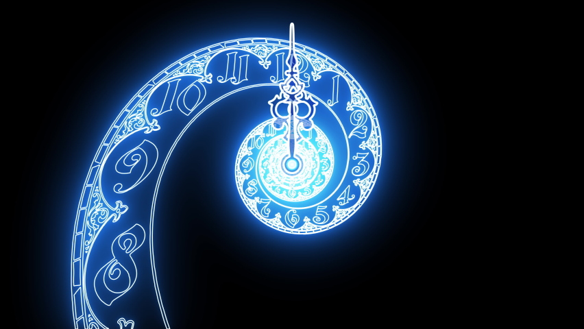 Classic neon spiral dial endlessly moving towards the camera.The arrows describe a full circle . It symbolizes the infinity of time. On black background. 3D render Royalty-Free Stock Footage #1083507688