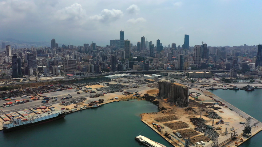 Aerial Beautiful Shot Of Residential Buildings In City, Drone Flying Forward Over Sea By Port - Beirut, Lebanon Royalty-Free Stock Footage #1083511960