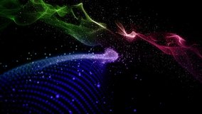 Futuristic video animation with colorful wave object and glitter particles in slow motion, 4096x2304 loop 4K