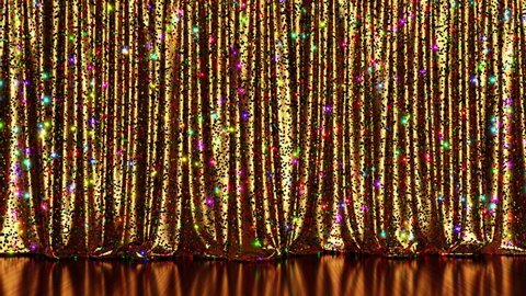 Realistic 3D animation of the stylish and fancy golden metallic shining colorful sequin stage curtain with reflecting wooden or laminate flooring rendered in UHD  with alpha matte
