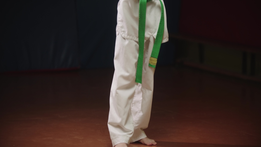 A little boy doing taekwondo - showing the kicks
