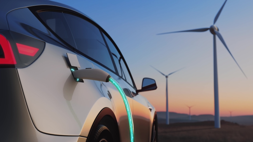 Electric car charging on the background of a windmills. Back view at sunset. Electric vehicle charging port plugging in car. Realistic 3d visualization. Alternative Energy. Renewable energy technologies. Royalty-Free Stock Footage #1083522223
