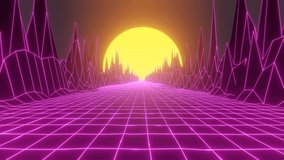 Retro Wave animation. Sun over the grid. Synthwave Landscape. 80s style retro futurism background.