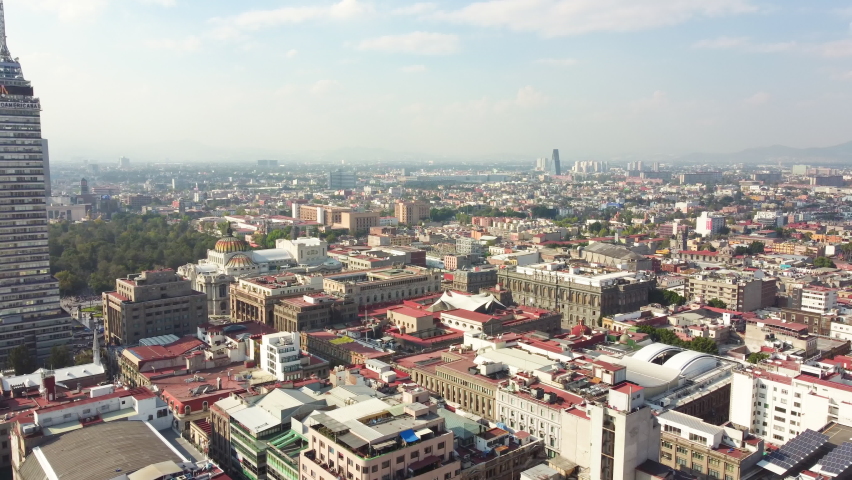 Mexico City: Aerial view of capital city of Mexico, marble performance hall and art museum Palacio de Bellas Artes and public park Alameda Central - landscape panorama of North America from above