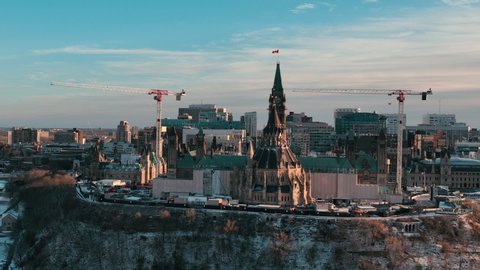 Ottawa, Ontario, Canada - November 29 2021 : Aerial view of downtown Ottawa after the first snow fall of the year. The city is undergoing a construction boom due to the pandemic