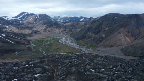 Birds eye view of amazing and spectacular Thorsmork glacier valley in Iceland. Aerial view Porsmork valley with lavic formation of Eyjafjallajokull volcano, which erupted in 2010