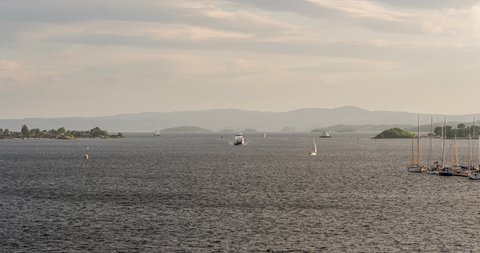 Oslo, Norway - June 16 2021: Small commuter ferry connecting the small islands to Oslo in Oslo Fjord