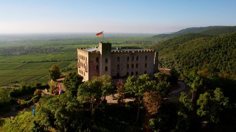 Drone Zoom Shot of  Ancient Hambach Castle with Blue Sky and Green Hills  View on Founding Place of German Democracy