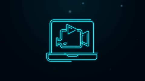 Glowing neon line Online play video icon isolated on black background. Film strip with play sign. 4K Video motion graphic animation.