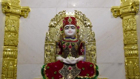 Tirupati, India 8th December 2021:  Jain. Jain Derasar or Temple. Jainism. Bhagwan Idol. Sacred religions. A beautiful religious Jain Mandir in the city. Shwetambar Jain Temple. Aangi decoration.