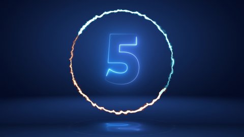 top ten countdown, neon light numbers from 10 to 1, laser ray appears on dark blue background.