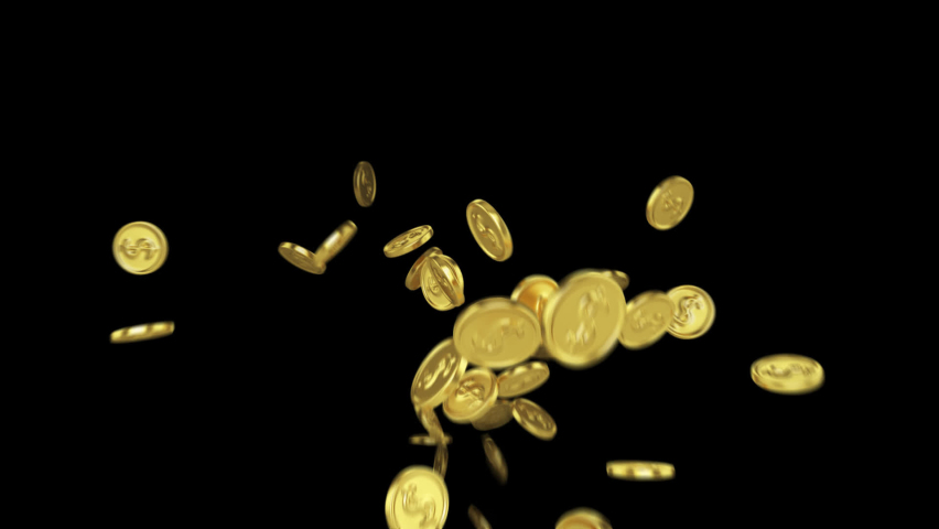 Fountain of gold coins with dollar sign on transparent background. 3D Animation ProRes 4444. Use it in presentation, trailers, personal videos. Royalty-Free Stock Footage #1083561025