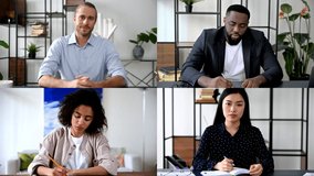 Online virtual meeting, distant communication. A group of multiracial successful friendly colleagues talking on a video call, business mentor conducts online briefing, group brainstorm