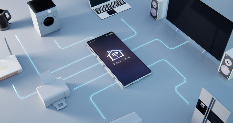 From above smartphone connected with various modern devices and appliances as part of smart house on gray background Royalty-Free Stock Footage #1083561445