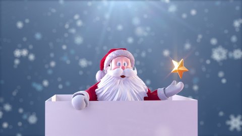 Santa Claus On Gift Box. Santa claus Unpacking a Gift Box and give a Golden star, Santa claus Character 3d Animation for Christmas Celebration. Animation Merry christmas, christmas trees, and gift box