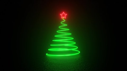 Green glowing light stripes in the shape of a Christmas tree and red star on a black background. Symbol of New Year and Christmas. Winter holiday background. Seamless loop rotation, 3D animation 4K
