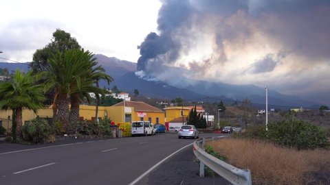 LA PALMA, SPAIN - NOVEMBER 12.2021: Street at the Cumbre Vieja volcano during eruption on the Canary island of La Palma