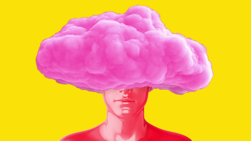 Man red body with pink cloud on head. Realistic 3d art composition in creative modern stop motion style. Minimal abstract graphic concept design. Fashion loop animation.