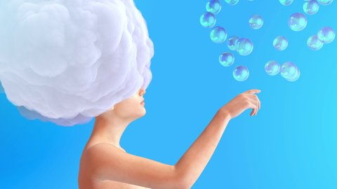 Woman body with cloud on head and flying spheres. Realistic 3d art composition in creative modern stop motion style. Minimal abstract graphic design. Fashion loop animation.