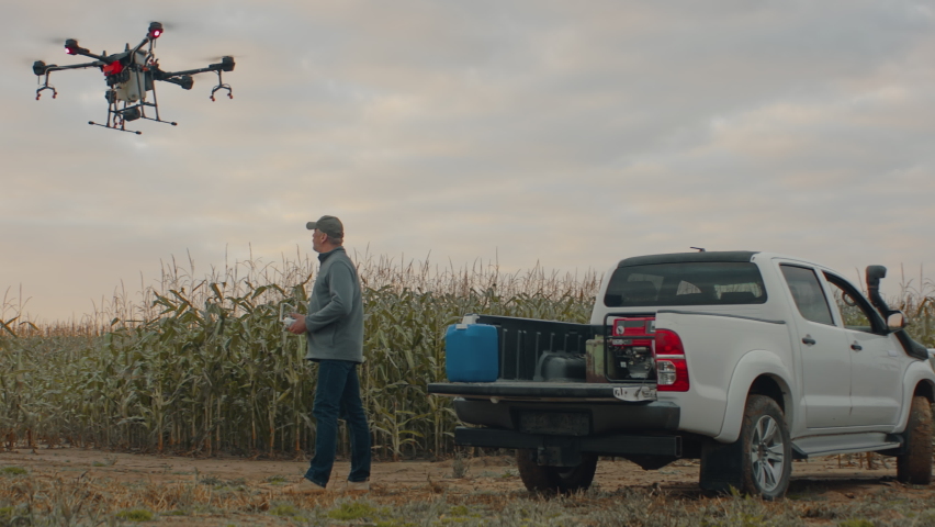 Farmer controlling a huge intelligent agriculture drone with spray nozzles near corn field early in the morning