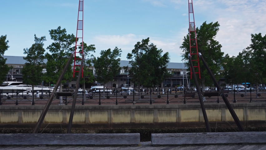 Pyrmont Wharf Sydney NSW, Australia. Iconic landmark fishing dock with city view. 4k 120 fps slow motion