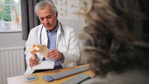 Mature Male Doctor Meeting With Female Patient Discussing Joint Pain In Hip Using Anatomical Model