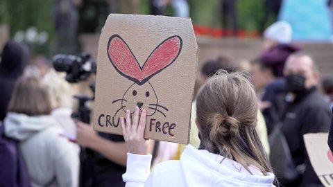 Kyiv, Ukraine, Sept.5. 2021: Animal advocates against animal testing of cosmetics. Animal rights. Protest signs, banners. Vegans are against eating animals. 