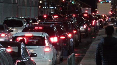 Toronto, Ontario, Canada December 2021 Massive gridlock traffic jam in downtown Toronto business district