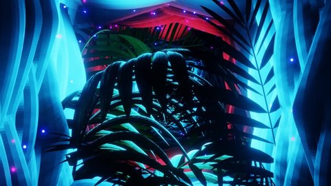 Mystical fantasy wild neon jungle with flying and flickering particles light bokeh. Abstract animated motion background. Seamless loop VJ HD background.