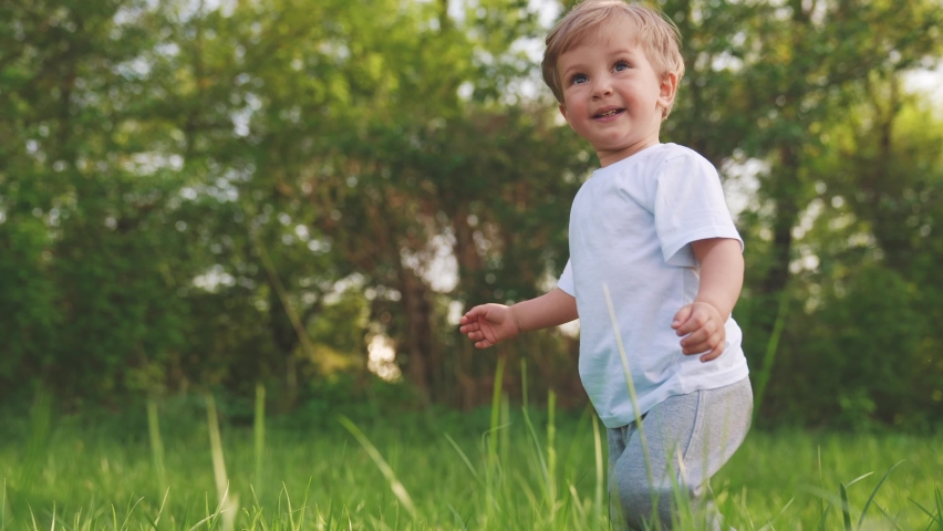 Baby run the first steps. kid running in lifestyle nature on the grass in park silhouette. happy family kid dream concept. people in the park. baby run, outdoor fitness forest. happy family catch-up | Shutterstock HD Video #1083585007