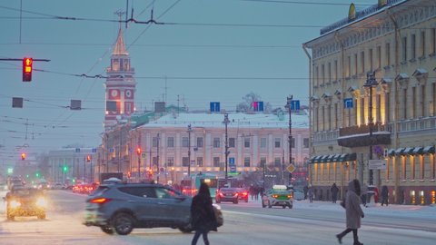 Saint-Petersburg, RUSSIA - Dec 07 2021, 4k: night traffic and snowfall on Nevsky prospect, on Dec 07, 2021 in Saint-Petersburg, Russia