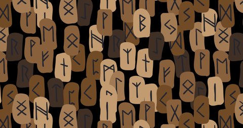 Animation with magic rune symbols. Runes looping seamless ethnic pattern. Ethnic runic alphabet, Futhark. Ancient norse occult symbols, black vikings letters on brown. 4K Video motion graphic