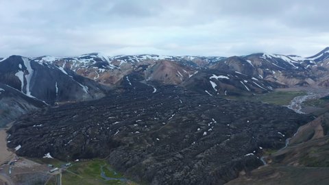 Drone view of Eyjafjallajokull volcano and lava formations from 2010 eruption. Aerial view of amazing glacier valley of Thorsmork in Iceland. Amazing on earth