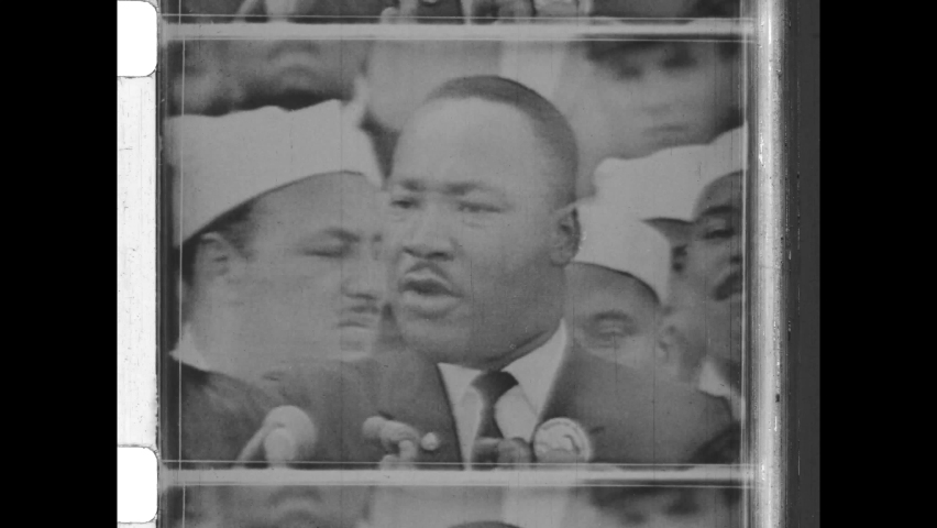 August 28, 1963. Washington, DC. 'I Have a Dream Speech' delivered by Martin Luther King Jr. on the steps in front of the Lincoln memorial. 4K Overscan of Vintage  Archival Newsreel