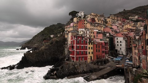 Colorful houses of Riomaggiore at the Italian west coast - Cinque Terre - CINQUE TERRE, ITALY - NOVEMBER 27, 2021 - video clip