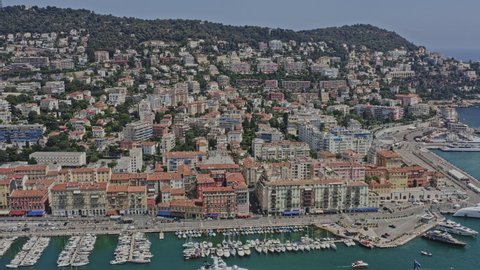 Nice France Aerial v19 establishing dolly in shot overlooking at hillside villas and residential housing properties in hilly mont boron neighborhood - July 2021