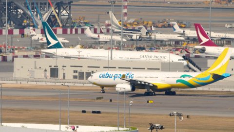 HONG KONG - NOVEMBER 7, 2019: Airbus A330 of Cebu Pacific Air taxiing down the taxiway to the runway at Chek Lap Kok Airport, Hong Kong. Cebu Pacific Air Philippine low-cost airline. Airplane Hong