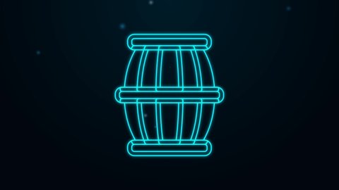 Glowing neon line Gun powder barrel icon isolated on black background. TNT dynamite wooden old barrel. 4K Video motion graphic animation.