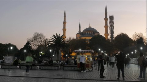 Blue Mosque exterior night time lapse in Sultanahmet Park, Istanbul, Turkey