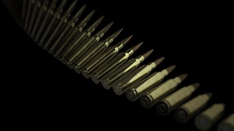 closeup of Rifle bullets animation on black background. 3d rendering. Seamless loop.