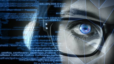 
Young Woman Eyes with Glasses Futuristic Holographic Hud and Data Code. High Technology Augmented Reality Animation. Representing Concepts as Virtual Reality, Face Recognition, Surveillance System.