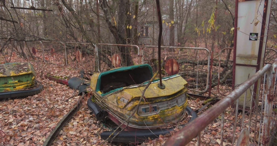 Abandoned race track in amusement park in Pripyat. The consequences of the accident at the Chernobyl nuclear power plant.