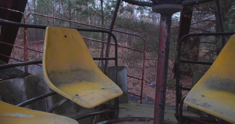 Close-up of a Ferris wheel booth in an abandoned amusement park in the ghost town of Pripyat near Chernobyl