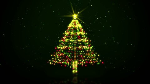 Colorful Christmas tree with abstract snow particles on black background. Animation Merry Christmas, Christmas trees, and happy new year with gift box video.