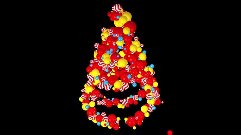 Rotating Christmas Tree Animation. A Christmas tree made of balls rotates and drops stars. Animation Merry christmas, christmas trees, and happy new year with gift box video. luma matte