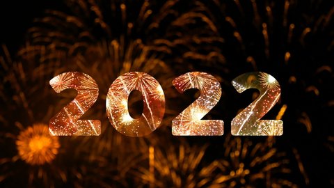 4K. loop seamless of firework of year 2022 greeting during new year eve countdown celebration, real colorful fireworks festival in the sky display at night